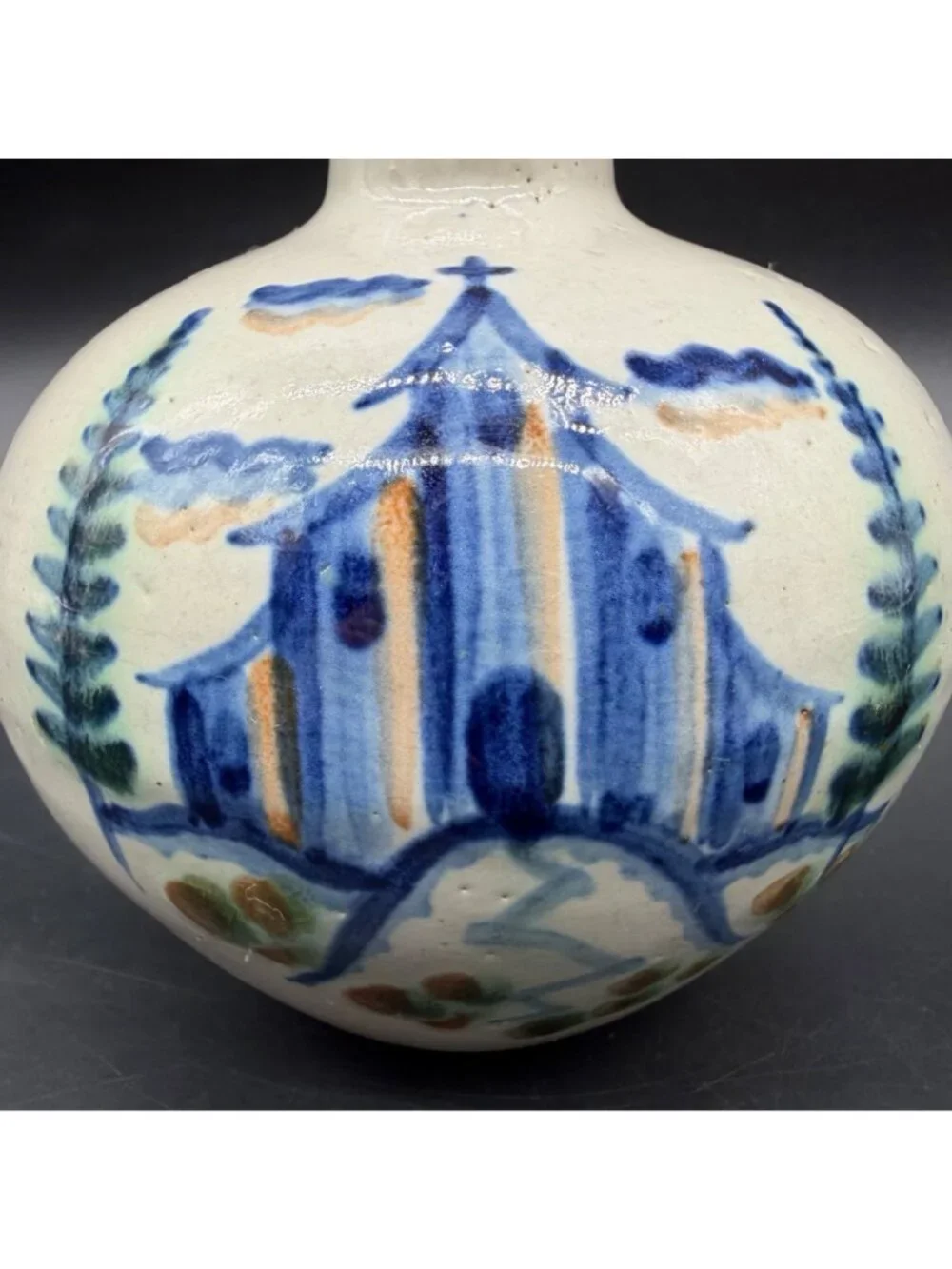 John B Taylor Hand Painted Pottery Jug Blue Church Mission Pines On Hill Vintage